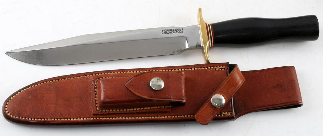 RANDALL KNIFE 8 MICARTA GRIP WITH SHEATH: Near mint condition, measures 12 1/2 inches overall.
