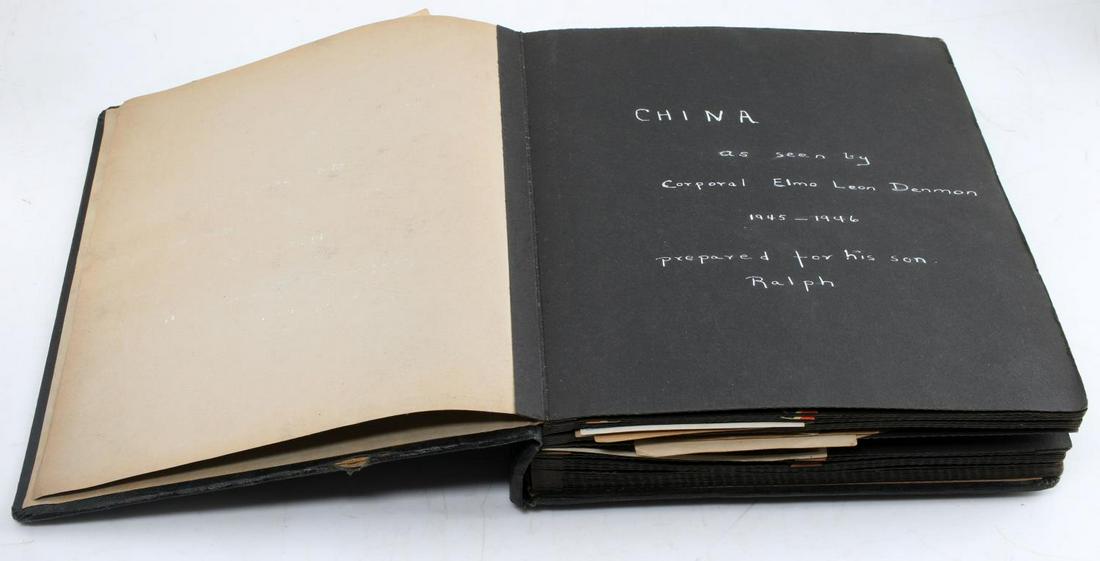 WWII OPERATION BELEAGUER CHINA PHOTO ALBUM: Great album with hundreds of early photographs of the First Marine Air Wing sent to China late 1945 where they repatriated over 600000 Japanese and Korean soldiers and citizens and protect against the