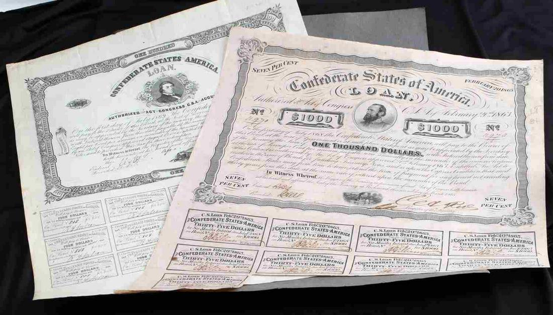 CSA CONFEDERATE STATES BOND LOT OF 2: One in near uncirculated and complete, 1861 with Jefferson Davis image, $100. The second VF has 9 coupons for $1000, dates 1865 with Jackson image.