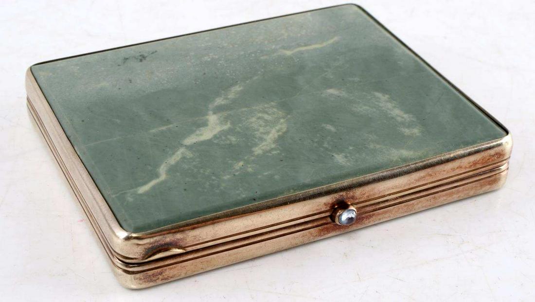SOVIET USSR RUSSIA HALLMARK SILVER CIGARETTE CASE: Hallmark Soviet .875 silver hallmark and jade with amethyst button, measures 4 by 3 by 1/2 inch. probably 1950's, very elegant. Weight 214 grams.
