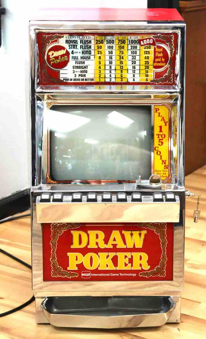FULLY WORKING DRAW POKER MACHINE 1981: Functional International Game Technology (IGT) Draw Poker machine manufactured in August 1981, model number 701. Burnt-in screen and some cosmetic damage. Dimensions are 16 inches wide, 15.5 inches ba