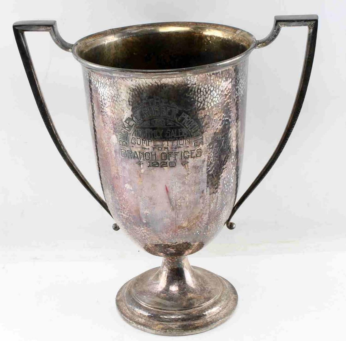 BUCKEYE RUBBER PRODUCTS 1920 COMPETITION TROPHY: Very large standing 16 inches and 15 inches across. Monthly Sales Competition for Branch Offices. Cleveland, Ohio company that was Polack Rubber before. Hammered silver plate.