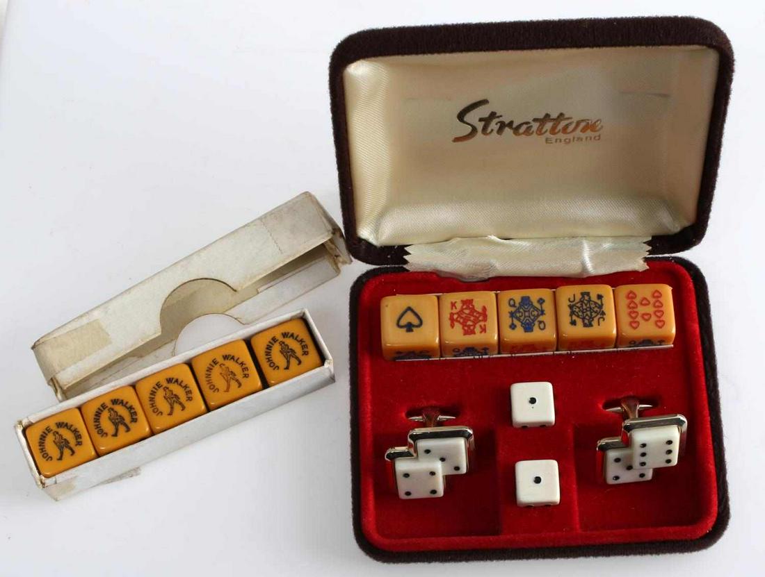 SCOTCH BAKELITE DICE AND GAMBLING CUFF LINK SET: Set of Johnnie Walker dice and Stratton cuff link and dice set.