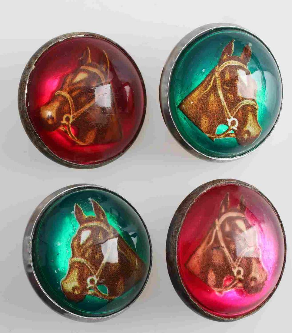 2 PAIR OF MAST GLASS DOMED HORSE BRIDLE ROSETTE: M.A.S.T. Made in USA on one A. Chapman on the other.