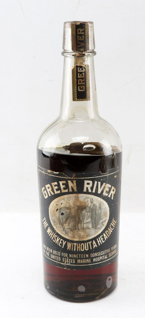 SEALED 1915 GREEN RIVER WHISKEY FULL BOTTLE: Unopened pre-prohibition circa 1915 bottle of Green River Whiskey. Green River was a popular brand, and the image on its label was one of the most recognizable advertising images in the world. Bottle 