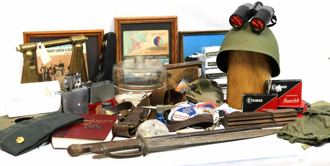 MILITARY AND GENERAL ANTIQUE LOT SWORD BARREL MORE: Includes .22 rifle barrel unknown maker. 1914 Kerosene drip jar, Lux trademark brass lighting cover, Evinrude 1915 boat motor part, iron probably theatrical sword, Army cold weather gloves, Futura bin