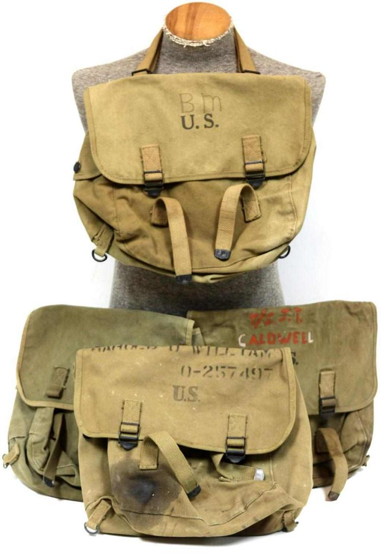 4 WWII AIRBORNE PARATROOPER MUSETTE M36 BAGS: All very good original condition 2 dated 1943 one 1943 one not dated, The Bearse MFG. is numbered on bottom 88.95-h, three are named. This lot has a reserve.