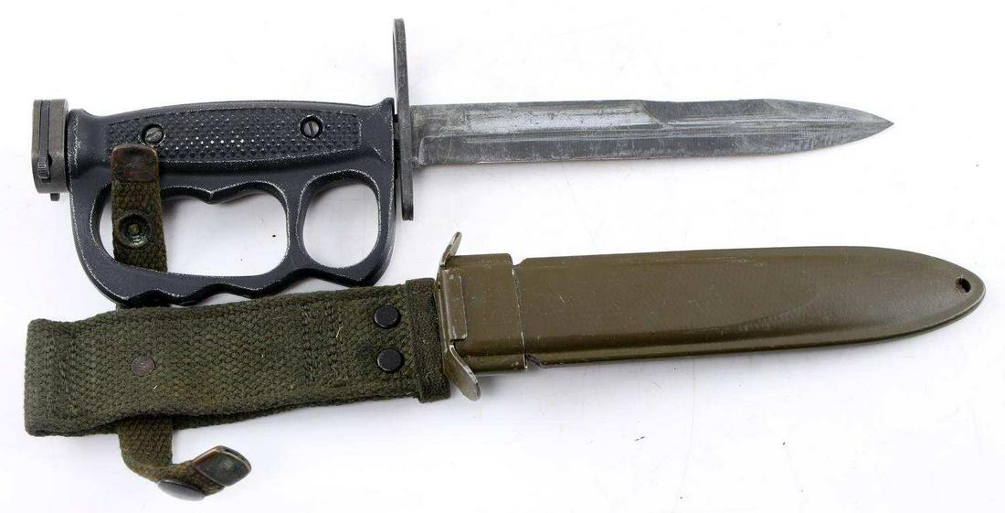 VIETNAM BOC M-7 KNUCKLE DUSTER FIGHTING KNIFE: M-7 blade in M8 scabbard PWH, very good original condition.