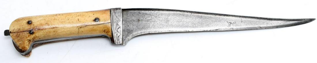 ANTIQUE CUT DOWN BONE HANDLE YATAGAN SWORD KNIFE: Antique bone handled knife. Is likely a cut-down Yatagan sword. In fair condition and shows age. Some repairs made to handle. Blade in good shape.