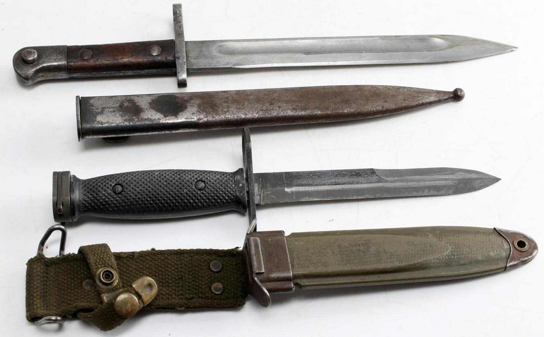 WWII M7 IN M8 SCABBARD BAYONET AND GERMAN K98: A Garand M-7 and German K98 bayonet, both very good.