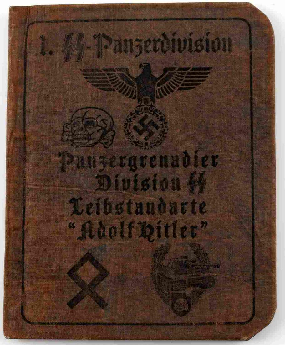WWII GERMAN SS LEBSTANDARTE ADOLF HITLER AUSWEIS: Ausweis ID book of a member of the 1. SS Panzer Division LSSAH. In very good condition with some foxing and signs of use present. Unauthenticated; sold as is.