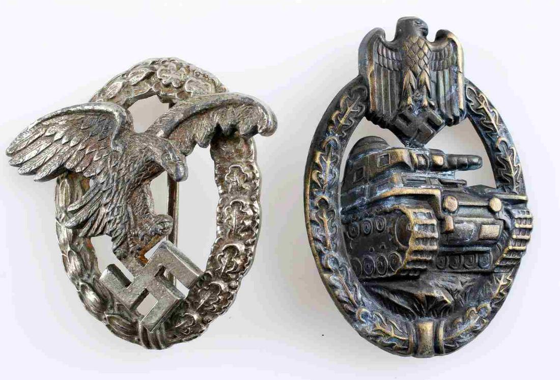 WWII GERMAN BADGES OBSERVER AND PANZER ASSAULT: Two German badges: one Luftwaffe Observer badge with SBW maker mark and one Panzer Assault badge in bronze, no markings. Good condition. Unauthenticated, sold as is.