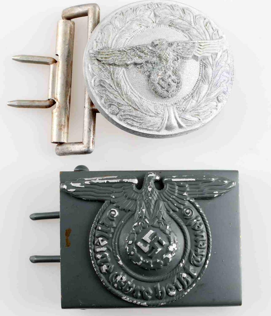 WWII THIRD REICH GERMAN BELT BUCKLE LOT OF 2: One SS EM belt buckle and one Custom Officer's belt buckle. Some finish worn off, otherwise good condition. Unauthenticated, sold as is.