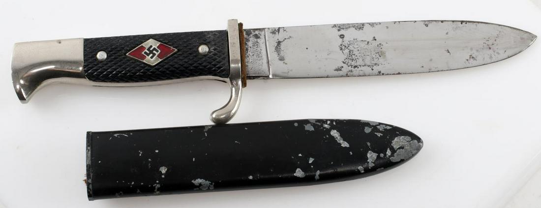 WWII GERMAN THIRD REICH HITLER YOUTH KNIFE: Hitler Youth member knife. Maker mark "Othello Solingen, Germany" on the ricasso on one side and "G C Co 420" on the other. In very good condition. Scabbard has some paint loss and the leather hanger