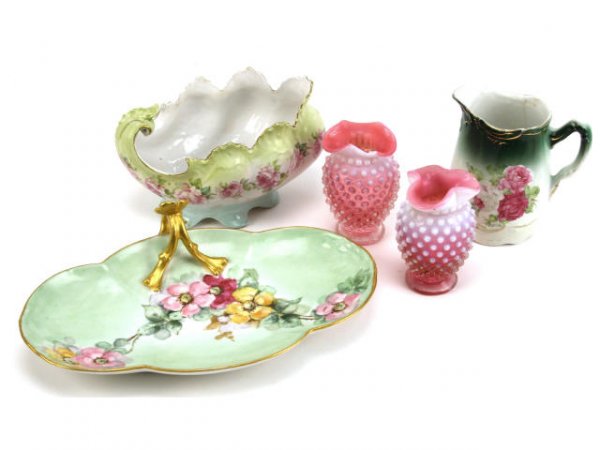 5 ANTIQUE GLASS PORCELAIN FLORAL DISHES VASE: This five piece lot of antique porcelain and glass includes: (1) floral candy dish made by Moritz Zdekauer, Austria, gold trim, measures approximately 4'' tall; (1) Limoges, WG & Co. floral tray with