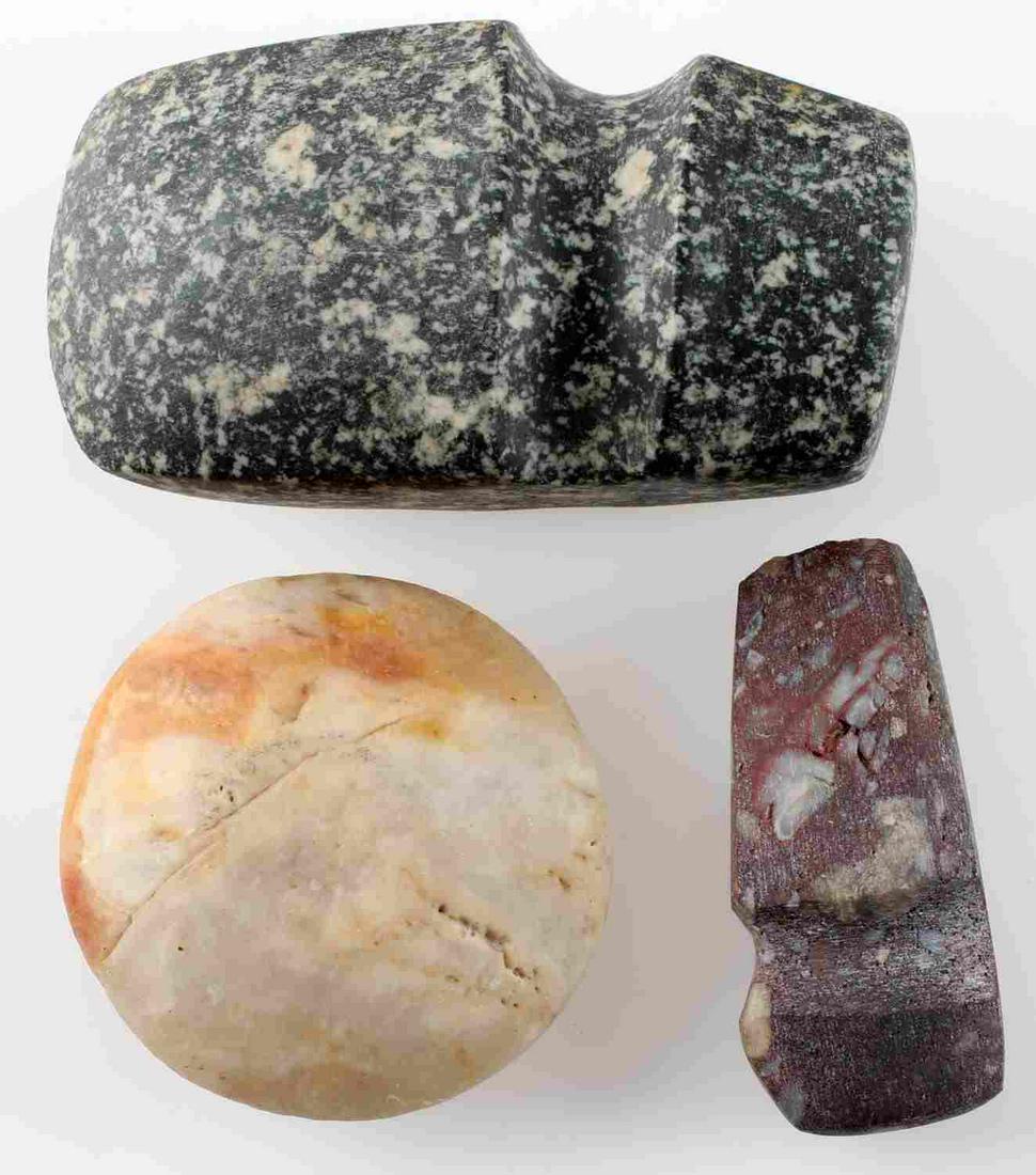 WOODLAND PERIOD 2 GROOVED AX 1 DISCOIDAL ARTIFACT: From a Missouri estate, includes 2, 3/4 groove axes 1, 4 inches the other 2 1/4 inches, both very good and polished Discoidal game piece._