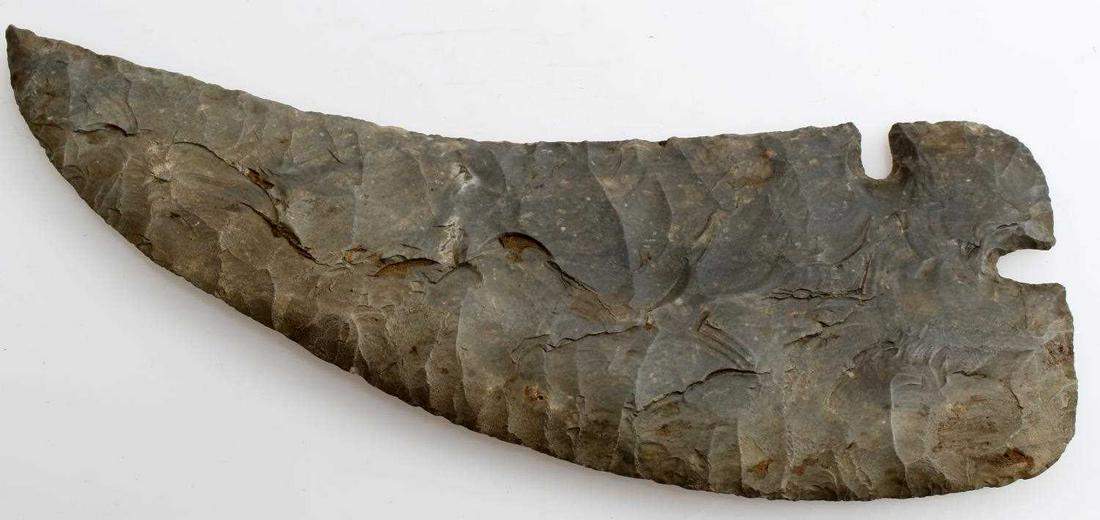 CORNER TANG CENTRAL LOUISIANA ARROWHEAD POINT: Made from grey chert with worn patina and broad collateral flaking, round base. Measures 8 inches long (straight measurement). Comes from Central Louisiana collection, mbelieved Texas Provenance._