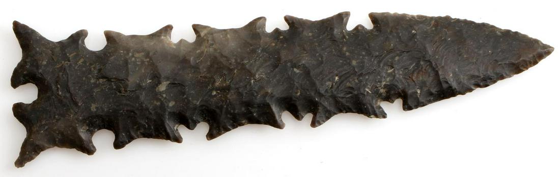 GREY CHERT ECCENTRIC ARROWHEAD POINT LOUISIANA: Eccentric point with broad flaking, fine points, excellent symmetry. Measures just under 8 inches long. From Central Louisiana collection believed Texas provennance._