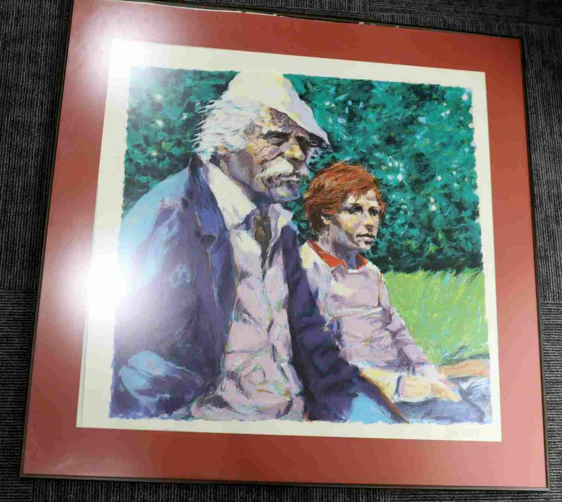 ALDO LUONGO DESTINY SIGNED & NUMBERED SERIGRAPH: Serigraph depicting older gentleman with young man by Aldo Luongo. Signed by the Argentinian artist at bottom right and numbered at bottom left 112/225. Certificate of Authenticity included on reverse