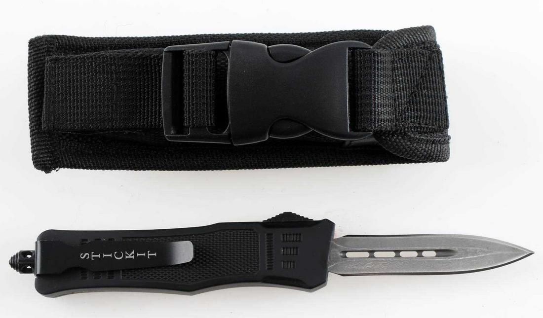 DAMASCUS STEEL AUTOMATIC SWITCHBLADE KNIFE OTF: All metal construction Damascus steel blade automatic knife by Dennis Harris. Well crafted; spring loaded, double edged blade. Measures 7 inches and has a sharp 2.75 inch blade. In like new condition.