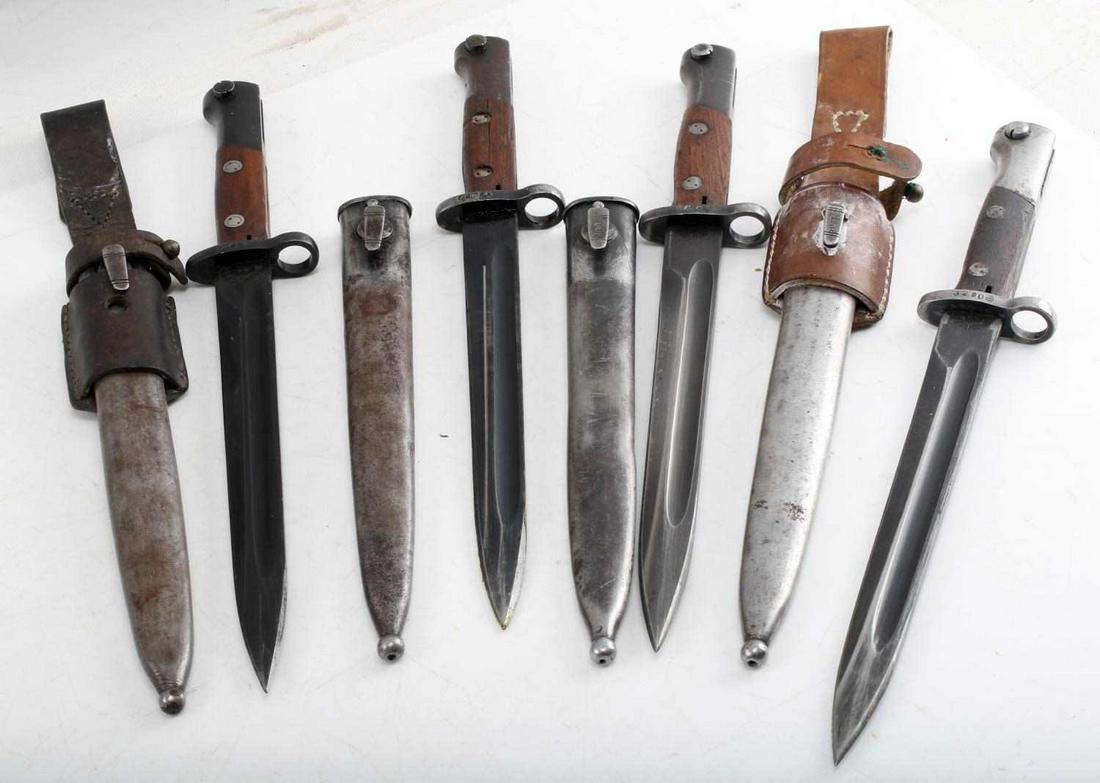 WWII YUGOSLAV M1948 BAYONET LOT OF FOUR: Lot contains four Yugoslav "Preduzece 44" marked M98/48 bayonets. Two have leather frogs and two do not. All are in very good condition.