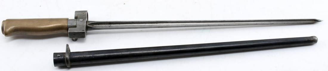 WWI FRENCH M 1886 LEBEL SPIKE BAYONET: French M 1886 brass handled spike bayonet. In good condition with original scabbard. Serial numbered "P30276."