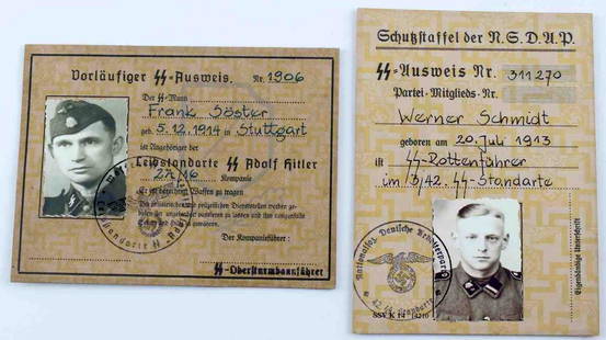 WWII GERMAN SS AUSWEIS IDENTIFICATION CARD LOT: This lot includes 2 German SS Ausweis for "Frank Soster" and "Werner Schmidt." Ausweis contain photograph of the soldier and are obverse and reverse NSDAP stamped. Excellent condition showing almost n