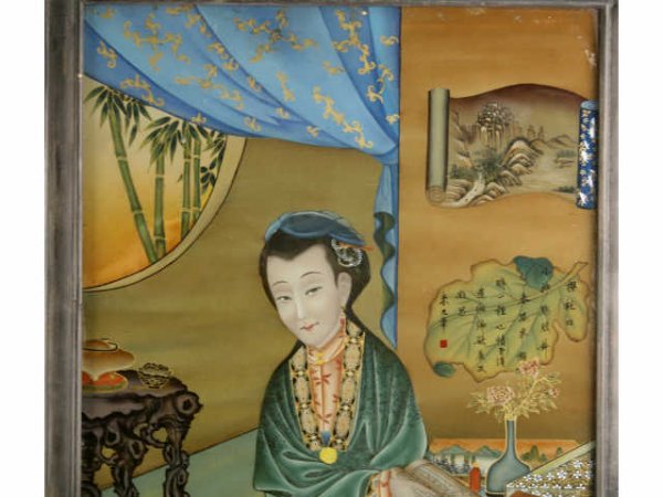TWO ORIENTAL REVERSE PAINTED WINDOW PANES - 2