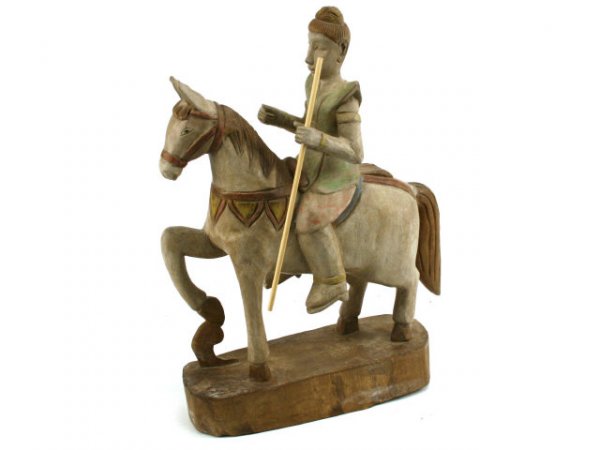 ORIENTAL CARVED WOOD FIGURE ON HORSE