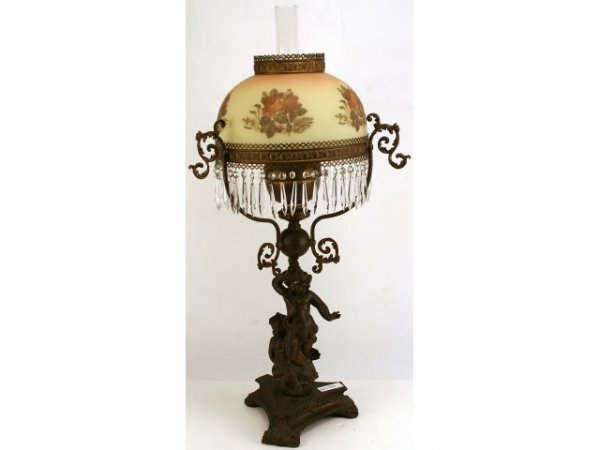 ANTIQUE AESTHETIC FIGURE CHERUB OIL LAMP LUSTRES