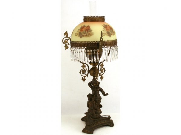 ANTIQUE AESTHETIC FIGURE CHERUB OIL LAMP LUSTRES