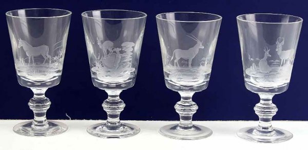 ENGRAVED GLASS SET OF 4 AFRICAN ANIMALS