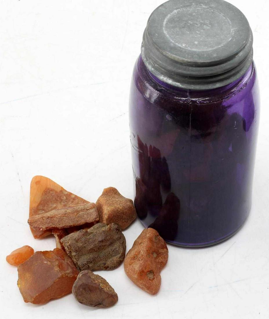 440 GRAMS OF ROUGH RAW AMBER IN IRRADIATED JAR: Found just like this on shelf of decedent estate, irradiated preserve jar filled wit 440 grams of amber, where found indeterminate, amber easily passes flotation test. LD