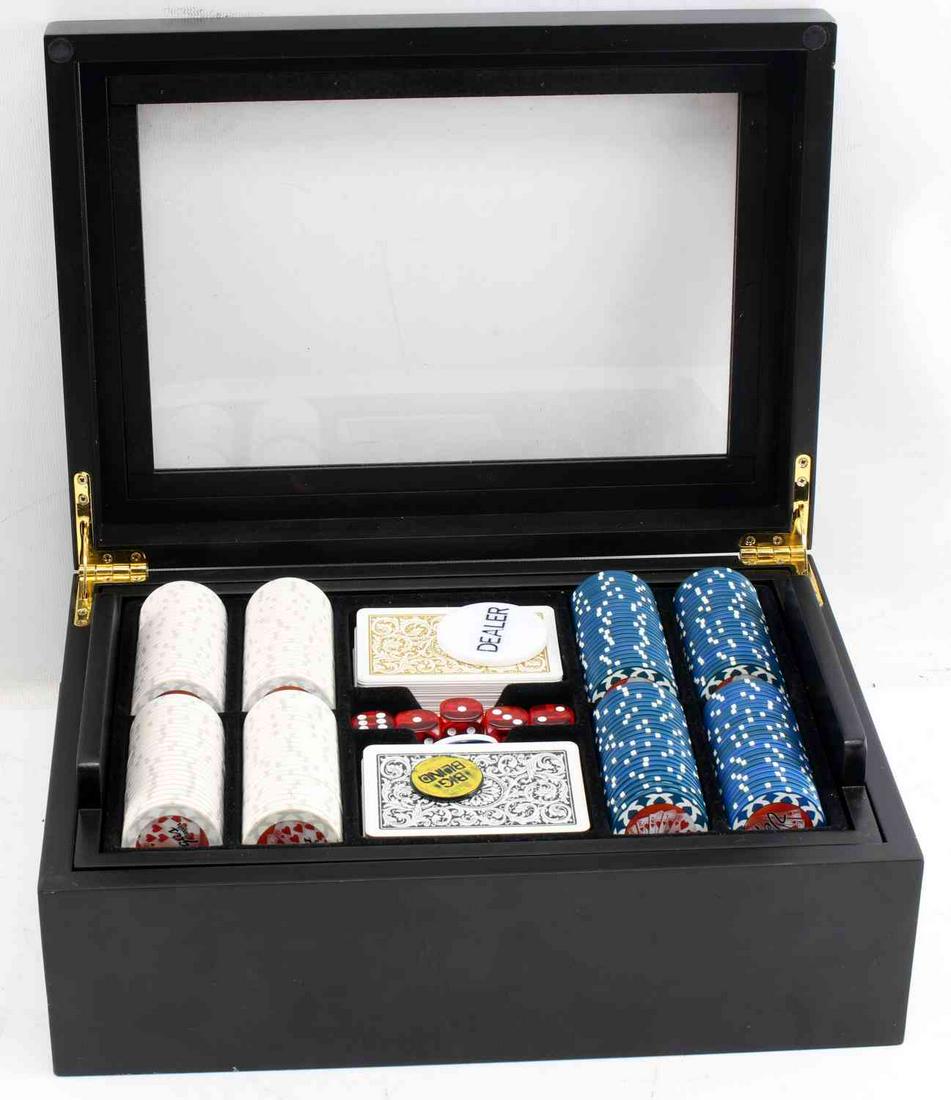 LAS VEGAS POKER CHIP & GAMING SET DICE CHIPS CARDS: Great high quality Vegas Classics, double Decker set, very good original condition. Box measures 13 BY 9 BY 5 inches, weighs 19.8 pounds.