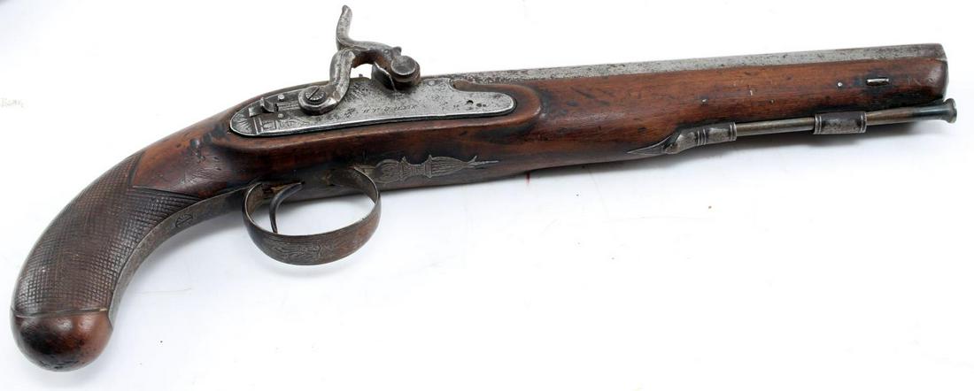 HUGHES PERCUSSION OFFICERS PISTOL .72 CAL LONDON: Features a 9.25 inch octagon barrel with proof marks to left barrel flat, oxidized bore, engraved lock plate is marked Hughes with initial before, but illegible, full wood stock, ramrod present. Very 