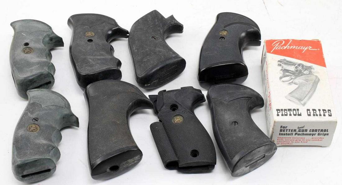 LOT OF 8 PRS OF PACHMAYR REPLACEMENT GRIPS: Made from hard rubber, have emblem to each side, good condition. For Sig Sauer, Ruger DA, Ruger SA and Dan Wesson. One pair comes in original box.