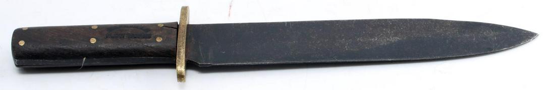 NASHVILLE PLOW WORKS CSA 1861 LARGE KNIFE: Blade measures 10 inches long with patina and sharp tip, marked CS 1861 to ricasso. Brass guard and rivets, wood grip. Guard marked 'ST TENN' to one side. Small crack at top of grip on one side but do