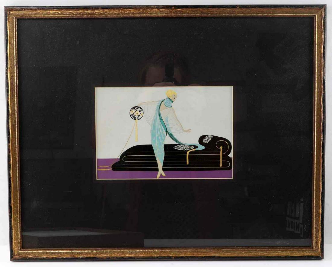 OFFSET LITHOGRAPH ERTE ART DECO PRINT FRAMED: Lithograph by Russian born French artist Romain de Tirtoff, known by his pseudonym Erté. The print shows a woman standing gracefully in front a black couch. Framed in two-tone black and gold frame an