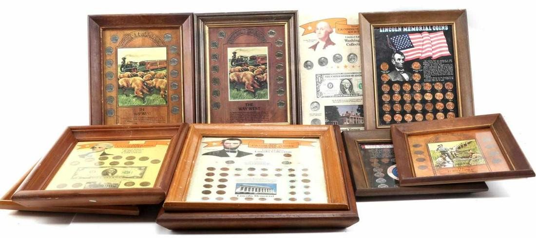 LARGE FRAMED COMMEMORATIVE US COIN LOT: Collector's US framed coin lots including "The Forty Niners" (early nickels,) "The Way West" (buffalo nickels,) the "Jefferson collection," "Lincoln Memorial coins" (pennies,) and more. All frames are