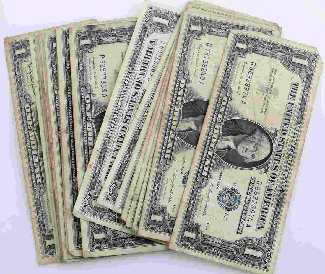 UNITED STATES SILVER CERTIFICATE AND BANK NOTE LOT: United States silver certificate and bank note lot. 24 notes in total. 23 silver certificates and one five dollar red stamp. Varying circulated condition.