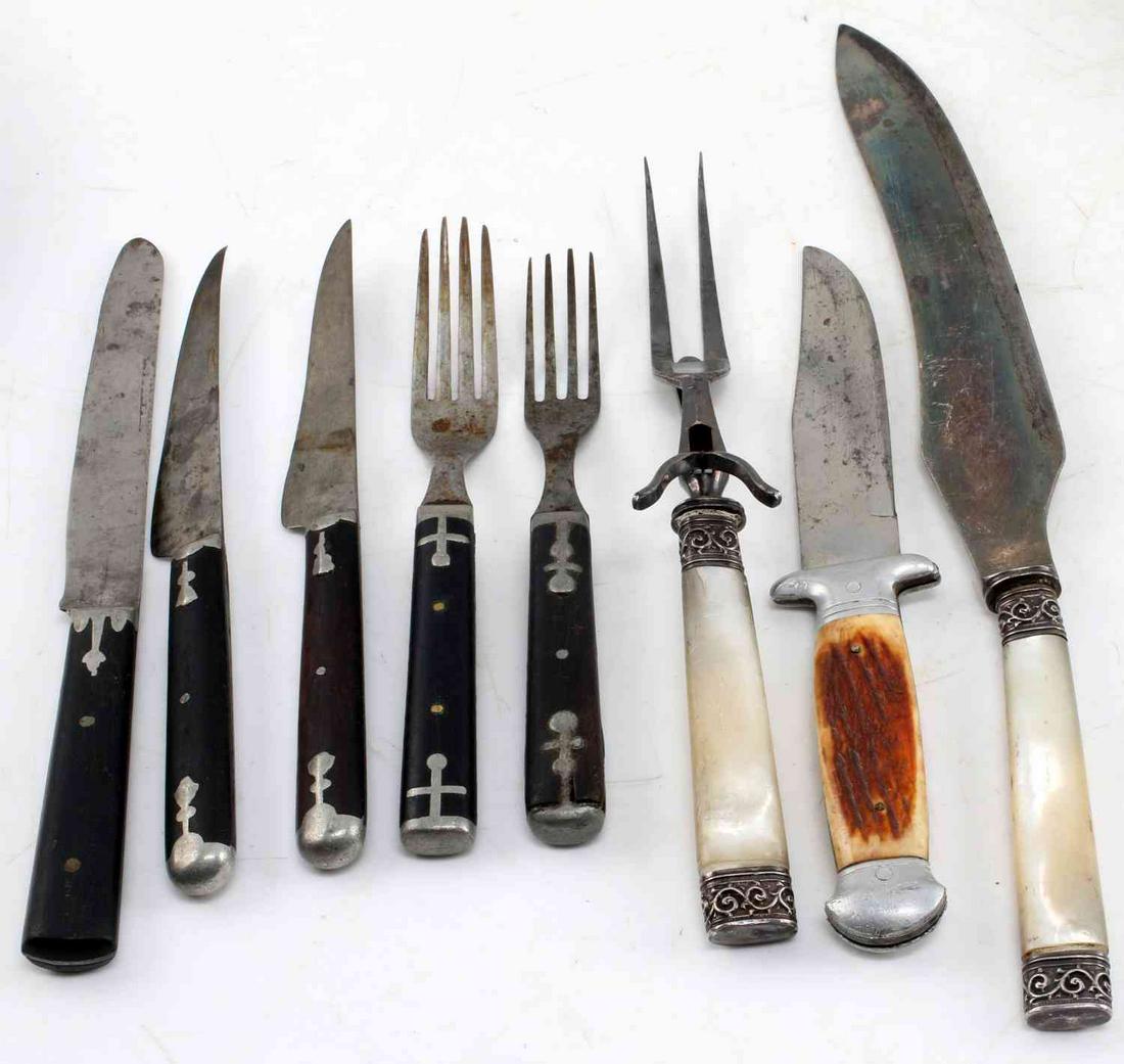 SMALL LOT OF SILVERWARE AND SERVING SET W 1 KNIFE: 5 pieces of American Cutlery silverware with wood and pewter grips, mother of pearl fork and knife serving set, and one Sabre Japan knife. Good condition overall.