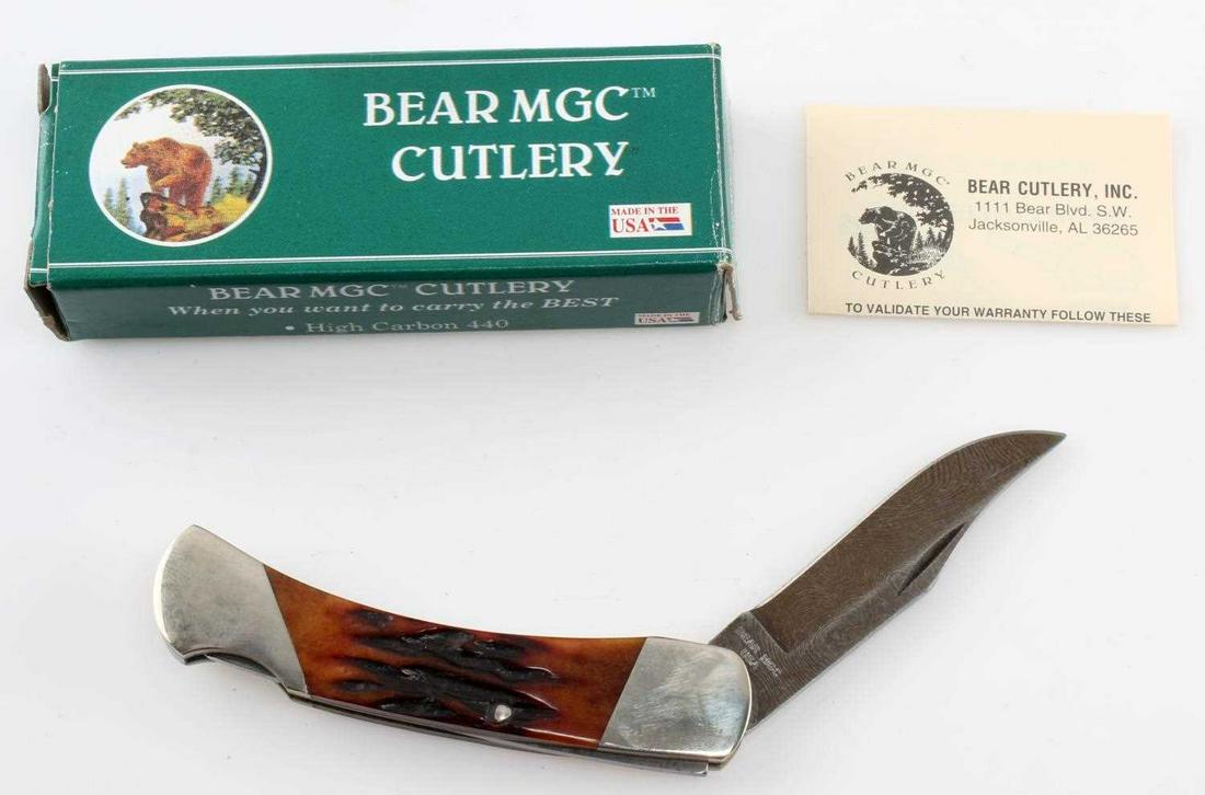 BEAR MGC CUTLERY STAG HORN DAMASCUS STEEL KNIFE: RSBO5D 3 3/4 " Damascus steel blade folding knife with stag horn handle in good condition. LD