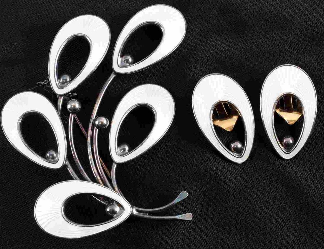 VINTAGE DENMARK JEMAX STERLING SILVER ENAMEL SET: Mid century Scandinavian sterling silver and pearl white guilloche enamel brooch with matching clip earring. Enamel in excellent condition. Reverse Stamped Denmark, Jemax, Sterling. This lot has a res