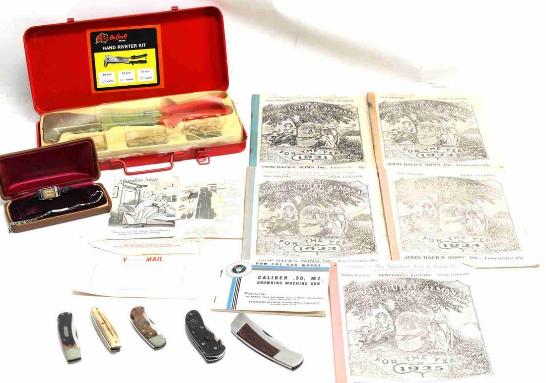 LOT OF SMALL VINTAGE MISCELLANEOUS ITEMS: Includes: Buffalo Brand hand riveter kit, 96th-100th Volumes of Agricultural Almanac, caliber .50, M2 Browning machine gun manual, bag layout card for a U.S. Naval training station, and two postcards,