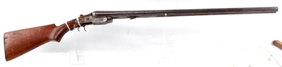 JJ WESTON SIDE BY SIDE 12 GA SHOTGUN FOR PARTS: Late 1800's production. Laminated steel 30 inch barrels with dusty oxidized bores, side plates are both marked with maker, missing hammers and more around trigger area, loss of wood, poor condition. Z