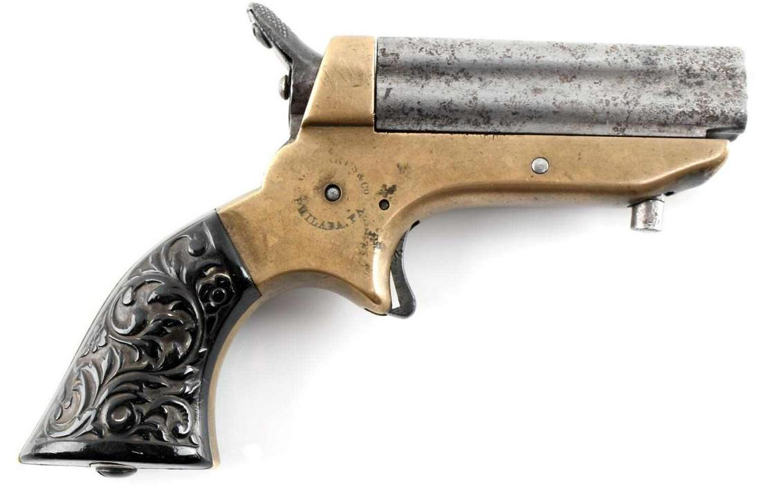 SHARPS 1860 MODEL .22 CAL PEPPERBOX DERRINGER: Fully functioning including revolving hammer, measures 3 by 5 inches. S/N 57291 Patent No. 22753, Gutta Percha grips. probably 1862 pre Sharps Hankins. Very good original condition.
