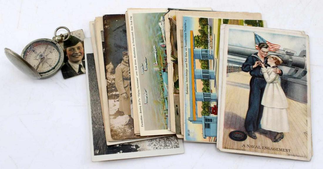 WWI WWII ERA POSTCARD PHOTO LOT W USANITE COMPASS: Taylor brand USANITE Compass case reads ENG DEPT 1918. Glass intact, some slight corrosion, working and in overall good condition.