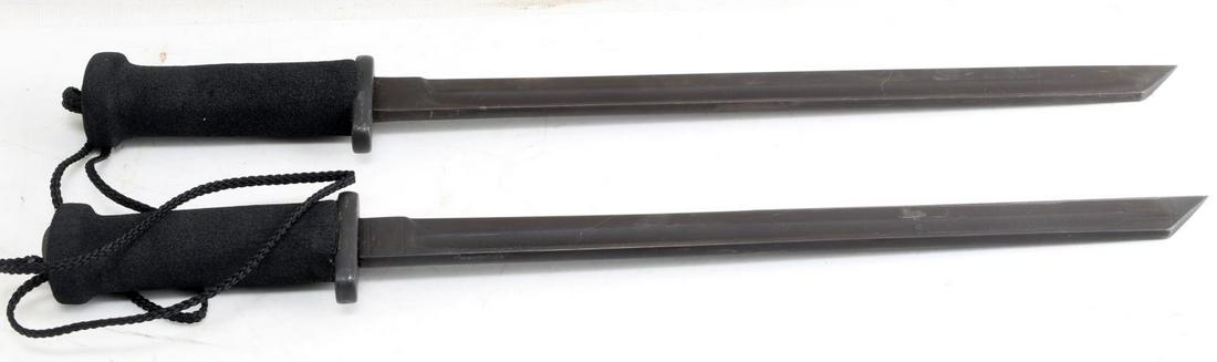 LOT OF TWO TANTO STYLE SHORT SWORD: Lot of two Tanto style short swords. The blade measures 13.5 inches, the entire knife measures 18.75 inches. Both blades are sharp and feature some abrasions. tang is covered by foam. Overall, very go