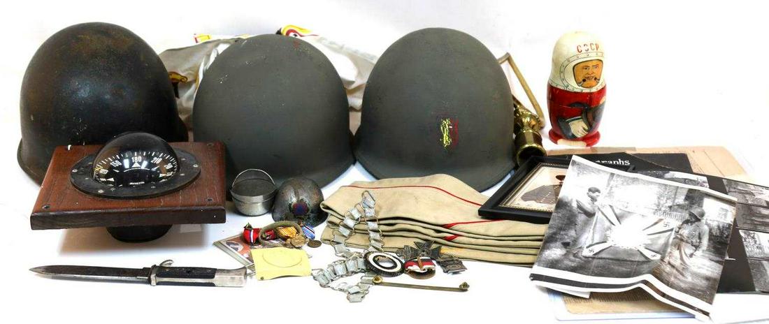 WWI WWII KOREA MULTI CONFLICT MILITARIA NASA LOT: Include2 NASA Frank Borman autographed Moon and standing photo, Sea vessel compass, 3 M-1 post war helmets one with liner, WWII photo album with doughboys, WWII side caps 2 artillery piped, de Nazifie