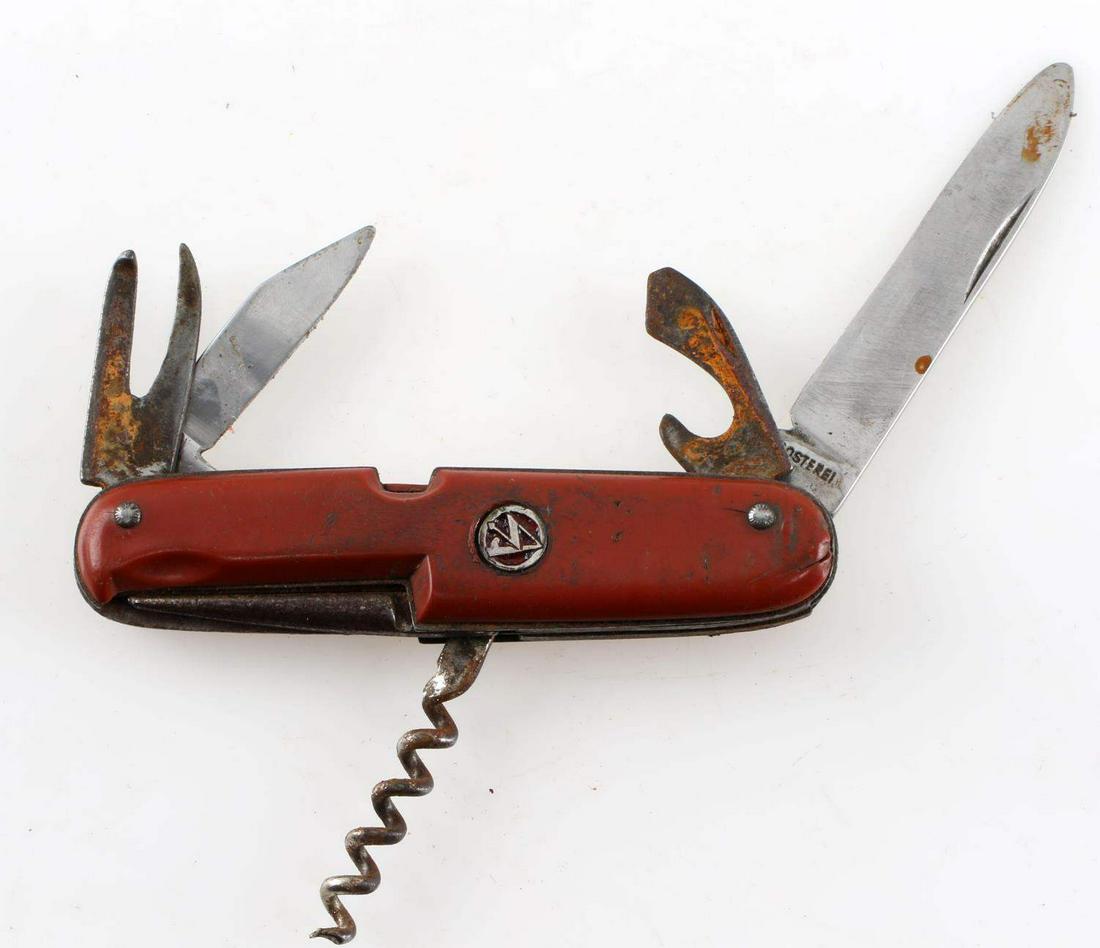 WWII GERMAN THIRD REICH SA FOLDING POCKET KNIFE: German SA Swiss army style pocket knife. 6 blades. Main blade marked "Rostfrei" (stainless.) Good condition overall. Unauthenticated; sold as is. This lot has a reserve.